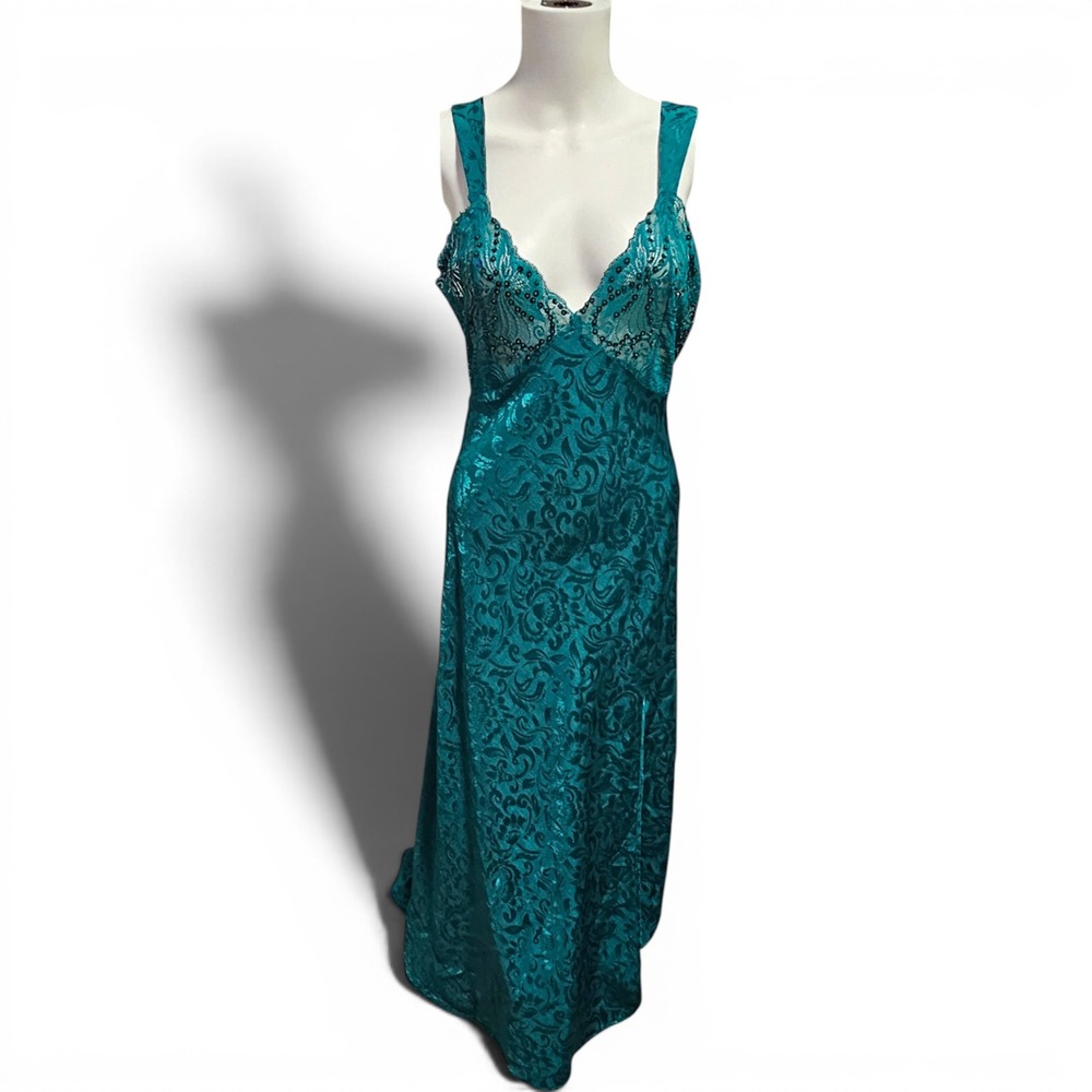 Victoria's Secret Maxi Slip Dress M Emerald Green Lace Satin Jacquard Y2K Fairy